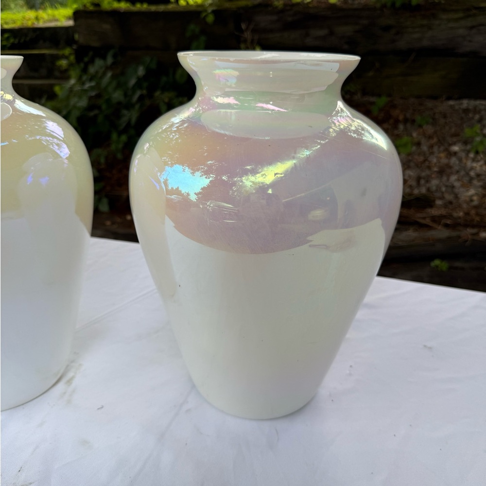Elegant White Iridescent Hand Blown Vase